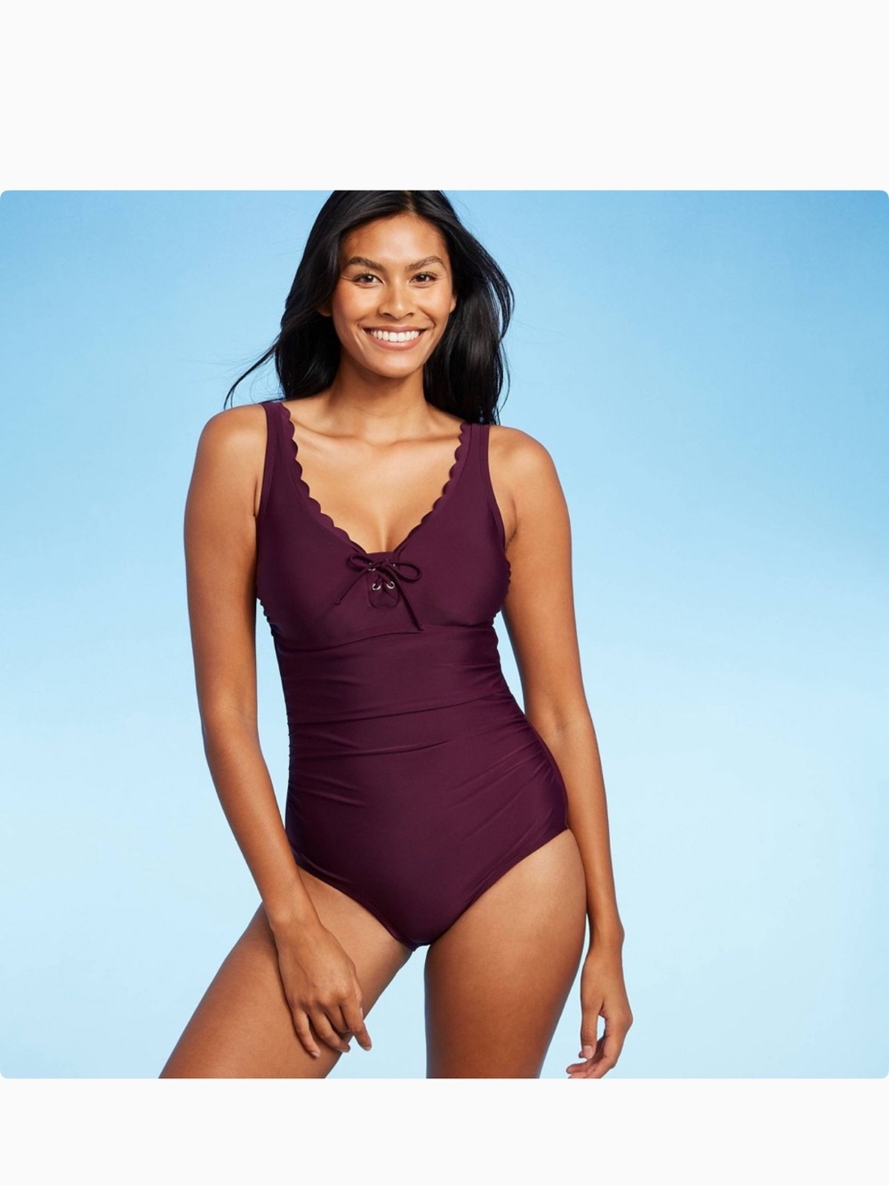 Kona Sol Plum Scalloped V-Neck One-Piece Swimsuit